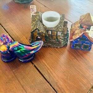 Colorful Bird Figurines and Cottage Candle Holders